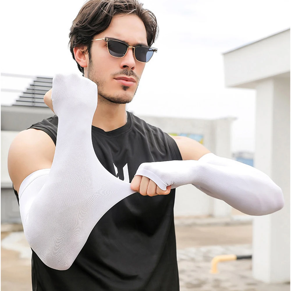 Mangas de protección solar de seda de hielo para hombre, guantes de protección UV de talla grande, calentador de brazos de secado rápido, 1 par