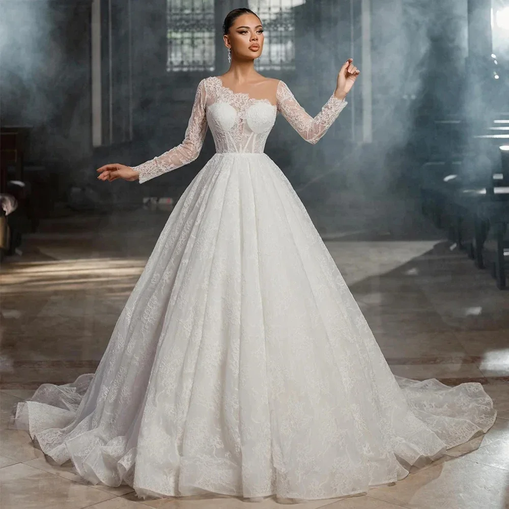 Maßgeschneidertes elegantes Ballkleid-Hochzeitskleid, klassische Spitze, langärmelig, Brautkleider, Prinzessin, Brautkleid, Vestido De Novia