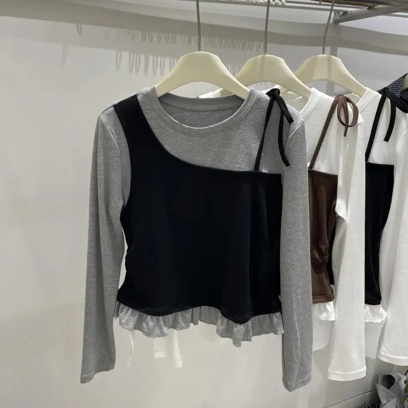 2025 Girls' Patchwork Color Block Long Sleeve T-Shirt Spring and Autumn Kids False Two-Piece Bottoming Shirt Korean Version Tops