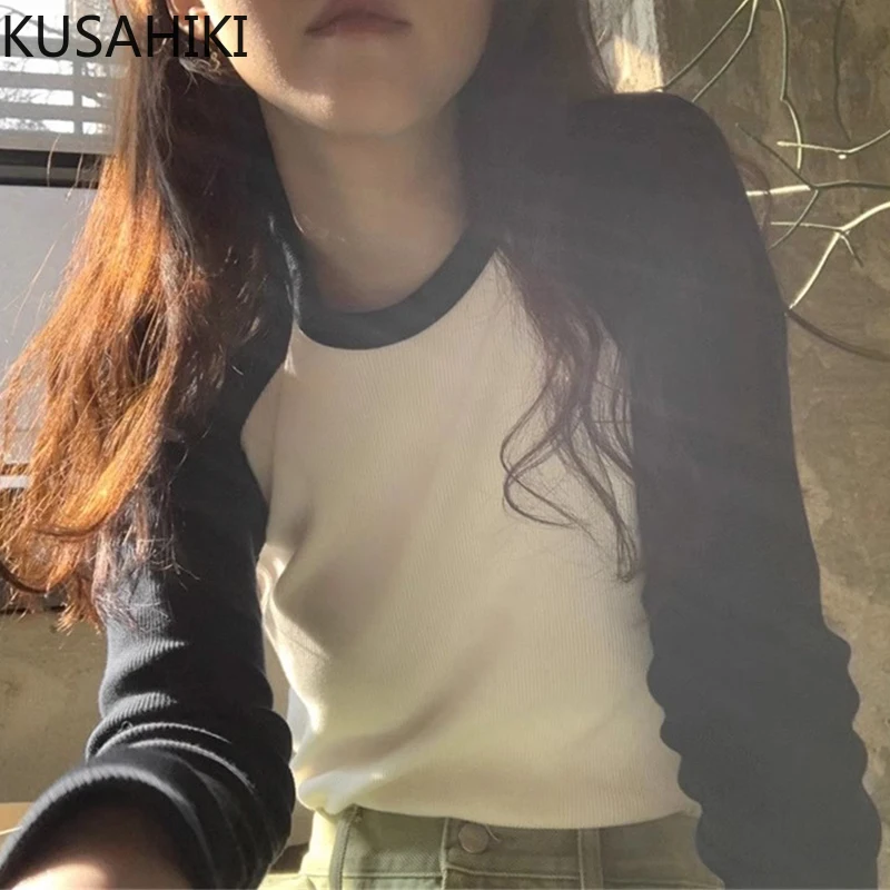 KUSAHIKI Korean Chic Autumn Versatile Round Neck Contrasting Color Splicing Versatile Slimming Long Sleeved T-shirt for Women