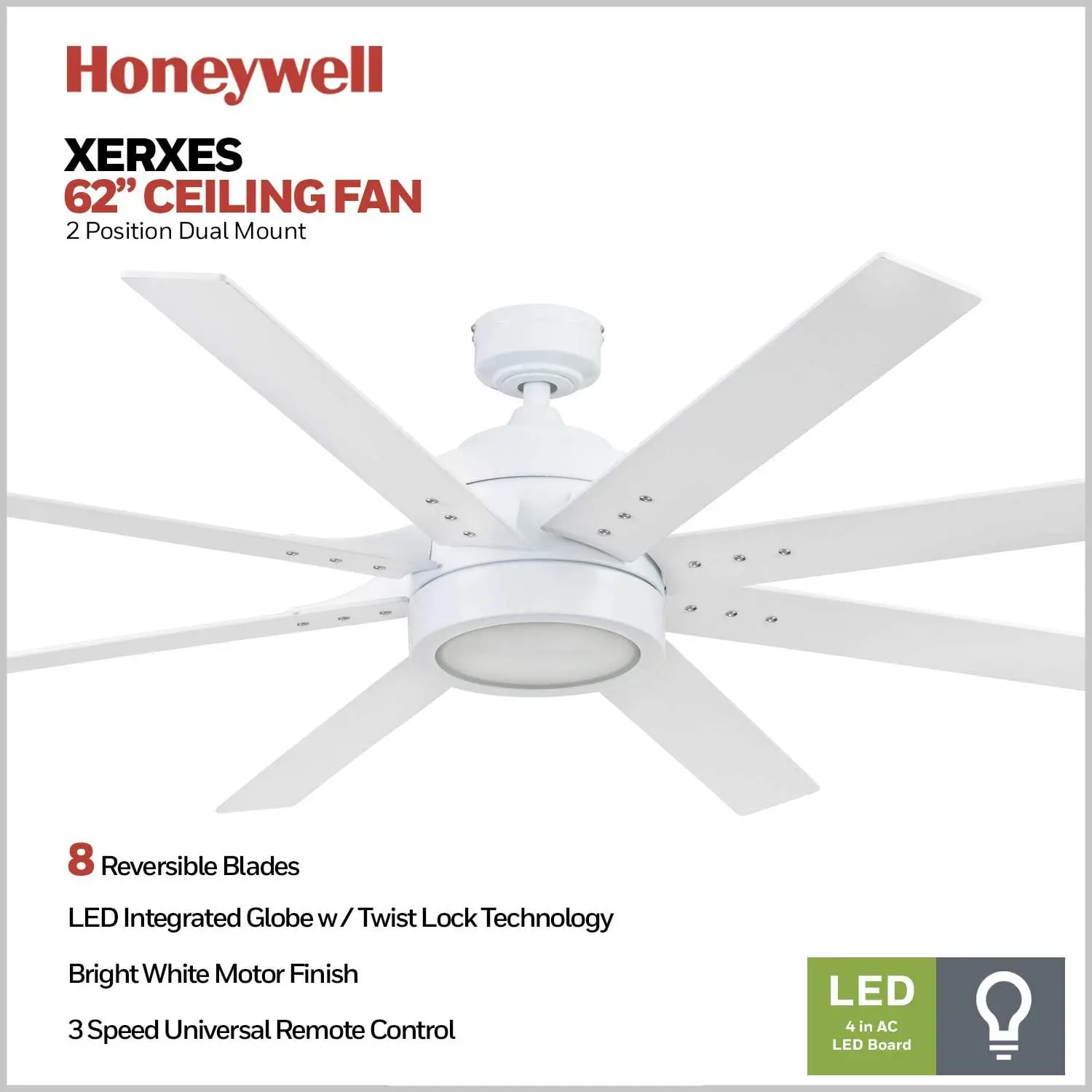 Fans Xerxes Modern 62 Inch Ceiling Fan with Light, Remote Control Fan, LED Indoor Fan with 8 Blades, White and