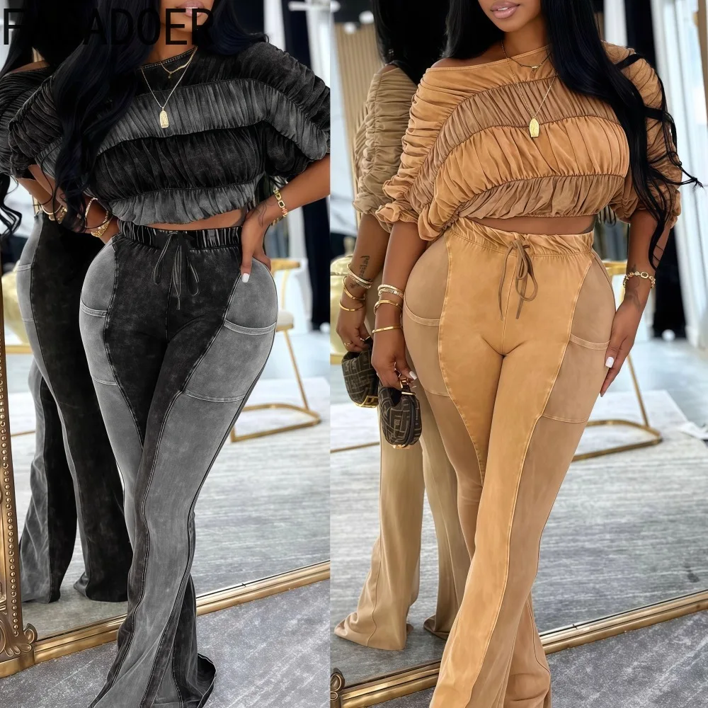

FAGADOER Fashion Ruched Patchwork Woman 2 Piece Set Outfit Off Shoulder Long Sleeve Top + Flare Pants Matching Female Streetwear
