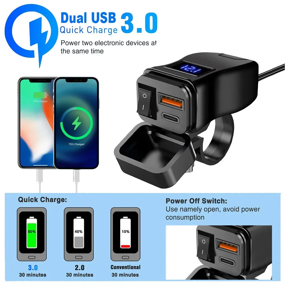 Motorcycle USB PD+QC3.0 Fast Charger 60W Handlebar Dual USB Socket With Switch Voltmeter Waterproof 12V Power Adapter