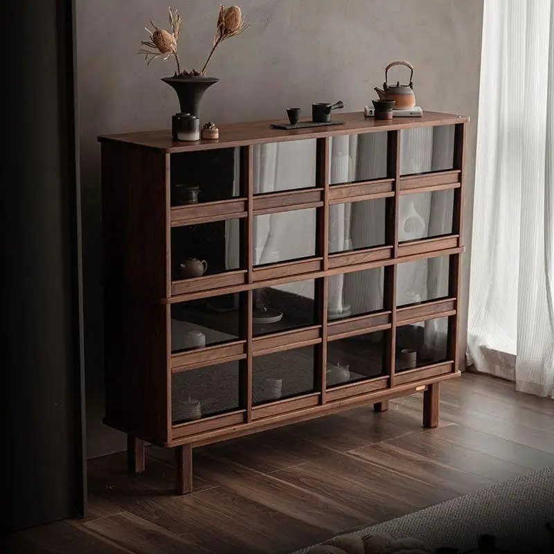 Solid wood glass display cabinet black walnut tea set cabinet wine cabinet living room TV