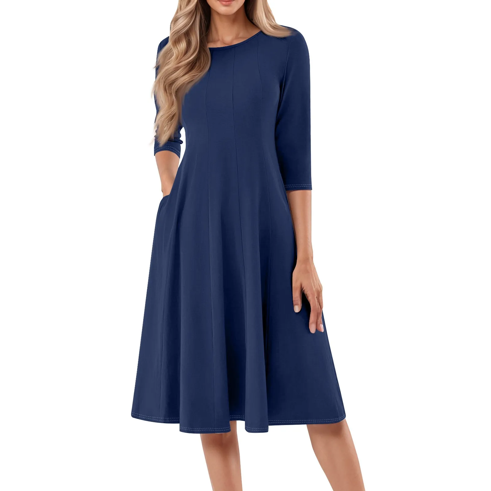 Long Sleeve T Shirt Dresses For Women Pockets Casual Loose Swing Dress Woman Casual Solid Color O-neck Long Sleeves Dress Robe