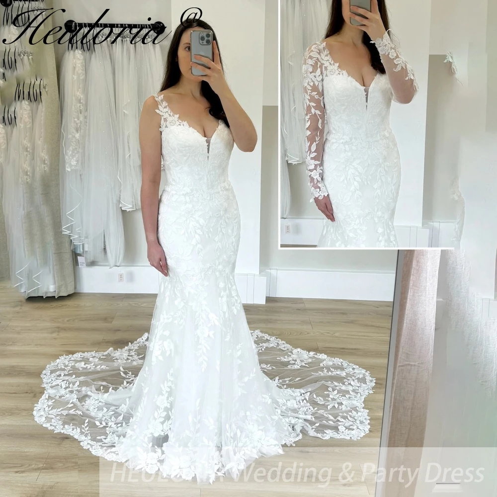 

HEULORIA elegant mermaid wedding dress v neck with detachable long Sleeve lace bride dress court train Robe De Mariee