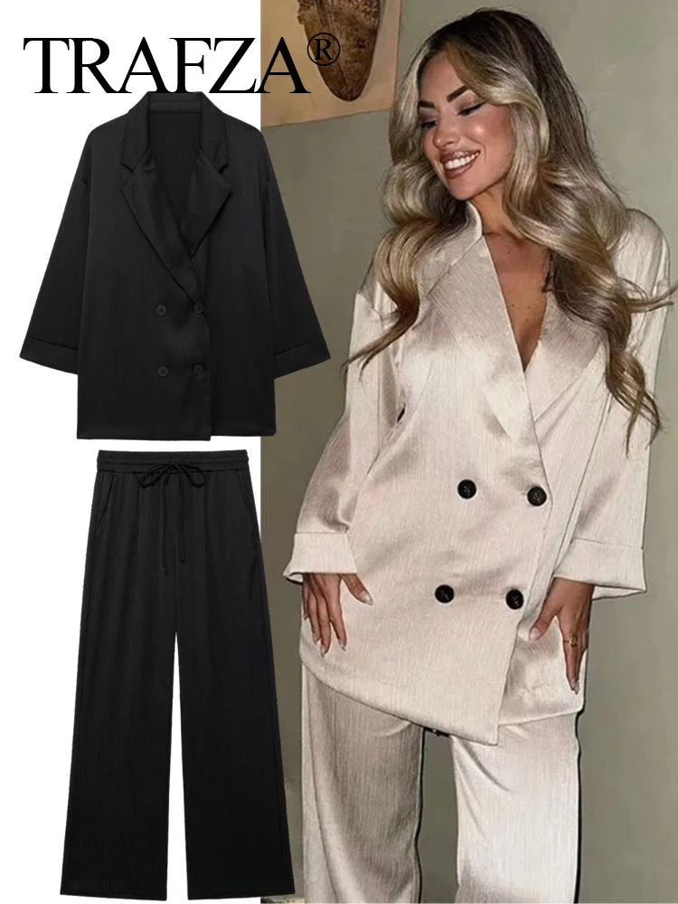 TRAFZA Women Casual Blazer Coat Pants Set Long Sleeve Double Breasted Blazer + Wide Leg Trousers 2024 Lady Office Outfit