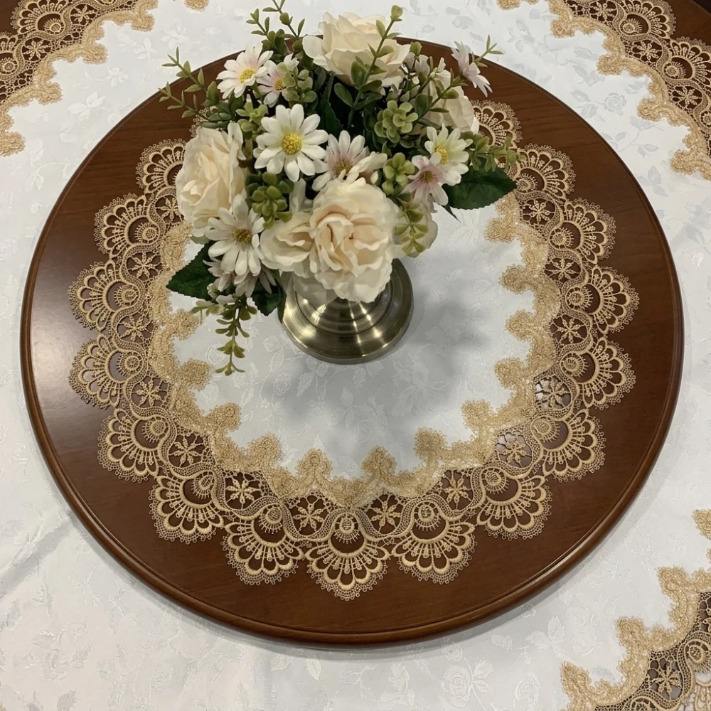 Luxurious Lace Floral Tablecloth Polyester Fabric Round Table Cover Vintage Style Dustproof Home Decoration Dining Mat