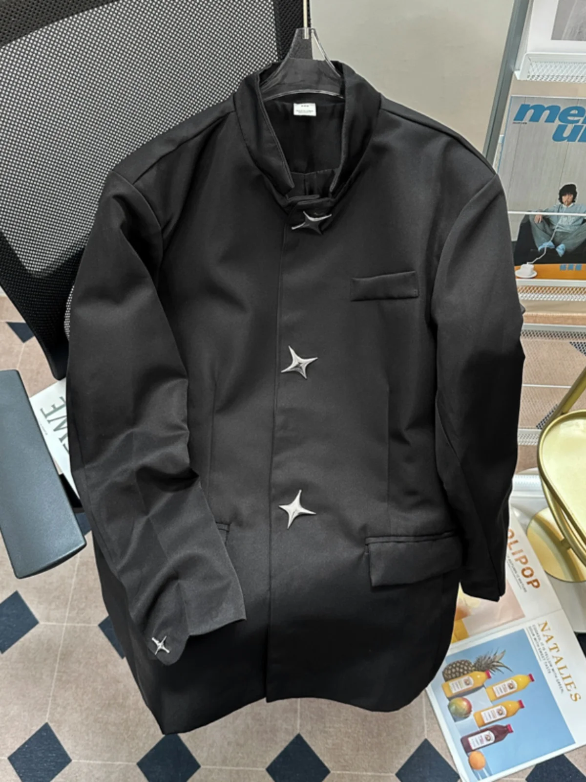 

New Chinese Sle Pure Color Stand Collar Star Button oulder Padded Men's Casual Jaet Tang Suit Small Western Coat