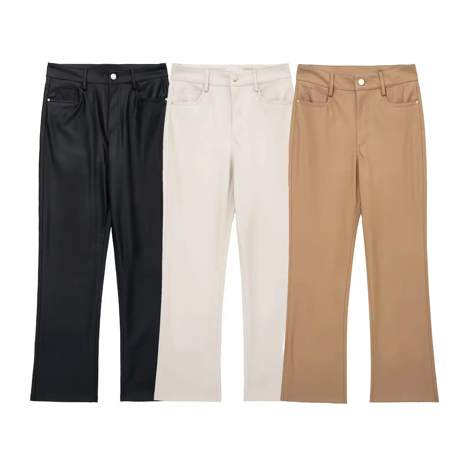 

Винтажные кожаные брюки TRAFZA, длинные брюки с высокой талией и боковыми карманами, однотонные брюки на молнии с карманами, расклешенные брюки из искусственной кожи, весна 2024