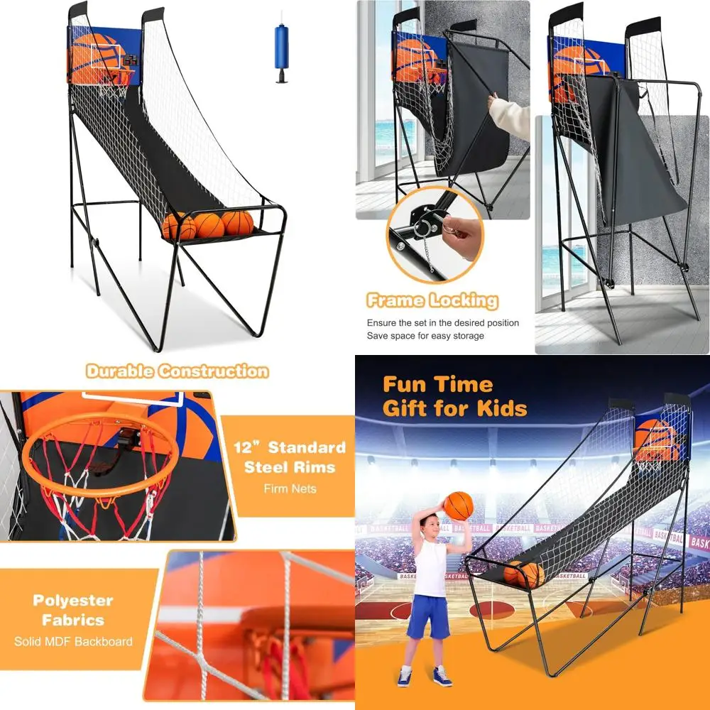 เกมบาสเก็ตบอลอิเล็กทรอนิกส์แบบพกพาพร้อมตัวนับคะแนน, กระดิ่ง, ลูกบอล 3 ลูก, ที่สูบลม เหมาะสำหรับการเล่นยิงเดี่ยวในร่ม