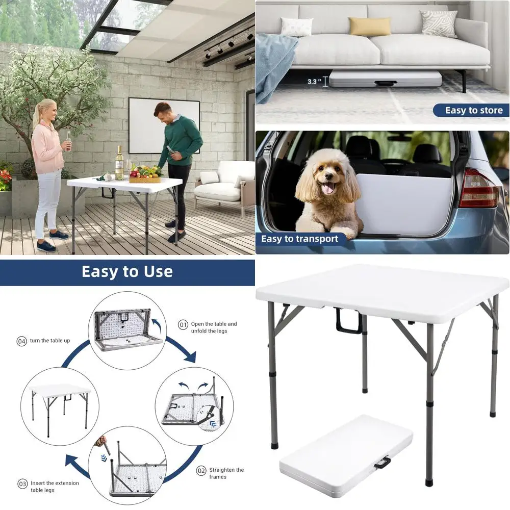 

Portable 34 Square Folding Card Table with Carrying Handle - Heavy Duty HDPE White Plastic, Suitable for Indoor, Outdoor, Picnic