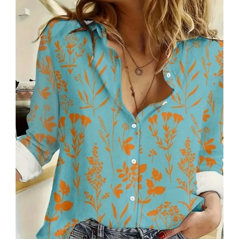 Vintage Leaf Printed Women's Shirt Autumn Clothing Tops Streetwear Casual Long Sleeve Turn-down Collar 3D Print Blouses Ladies