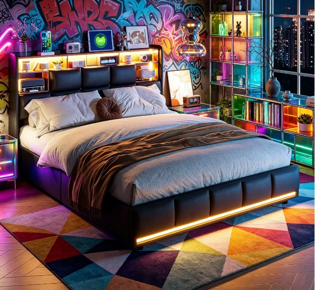 Cama Tapizada de 160 x 200 cm con Espacio de Almacenamiento, Cama con Almacenamiento Hidráulico, Cama Juvenil con LED/USB, Estructura de Cama con Cabecera y Somier, Cama Funcional, PU (Negro, 140 x