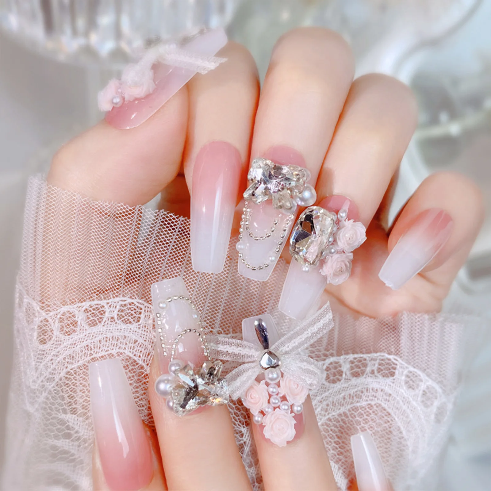 Handmade Pink False Nails with Rhinestone Natural Unbreakable Nail Simple Wear for Stage Performance Wear