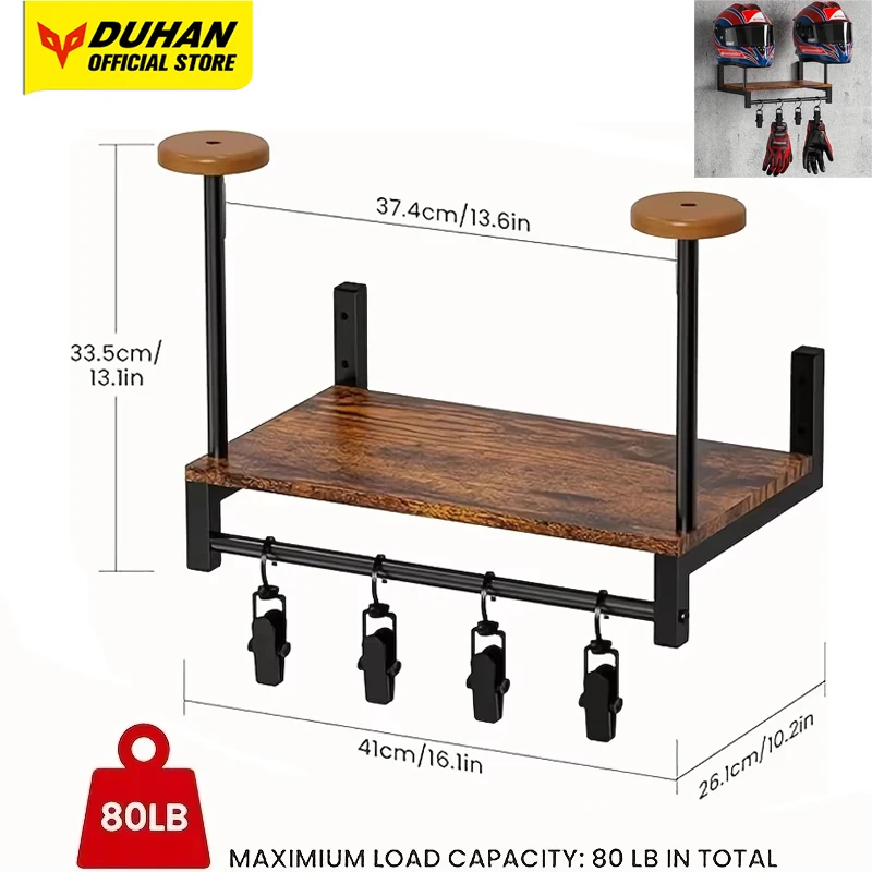 

New Motorcycle Helmet Wall Mount Wooden Shelf With Adjustable Hooks Sturdy Durable Storage For Motocross Bicycle Accessories