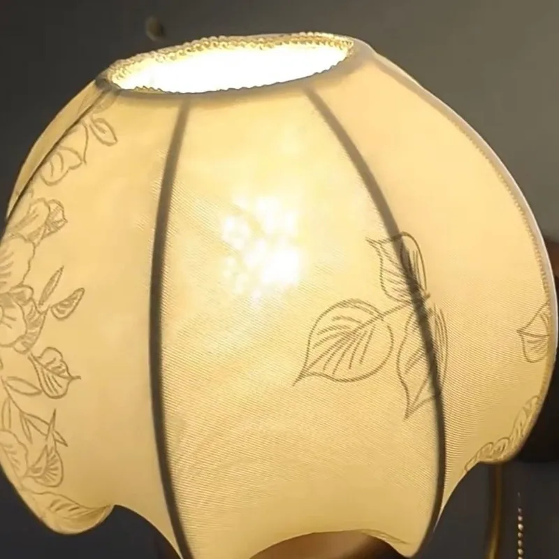 French Vintage Wooden Wall Lamp LED Light White Printing Fabric Lampshade Living Room Bedroom Cafe