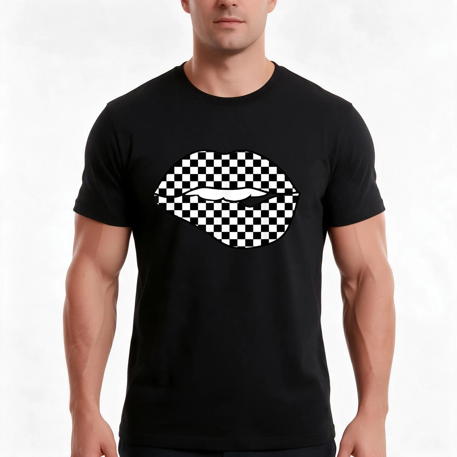 Funny Checkered Black White Lip Gift Cute Checkerboard Women T-Shirt, Summer Casual Cotton Tee, Oversized Streetwear Tops