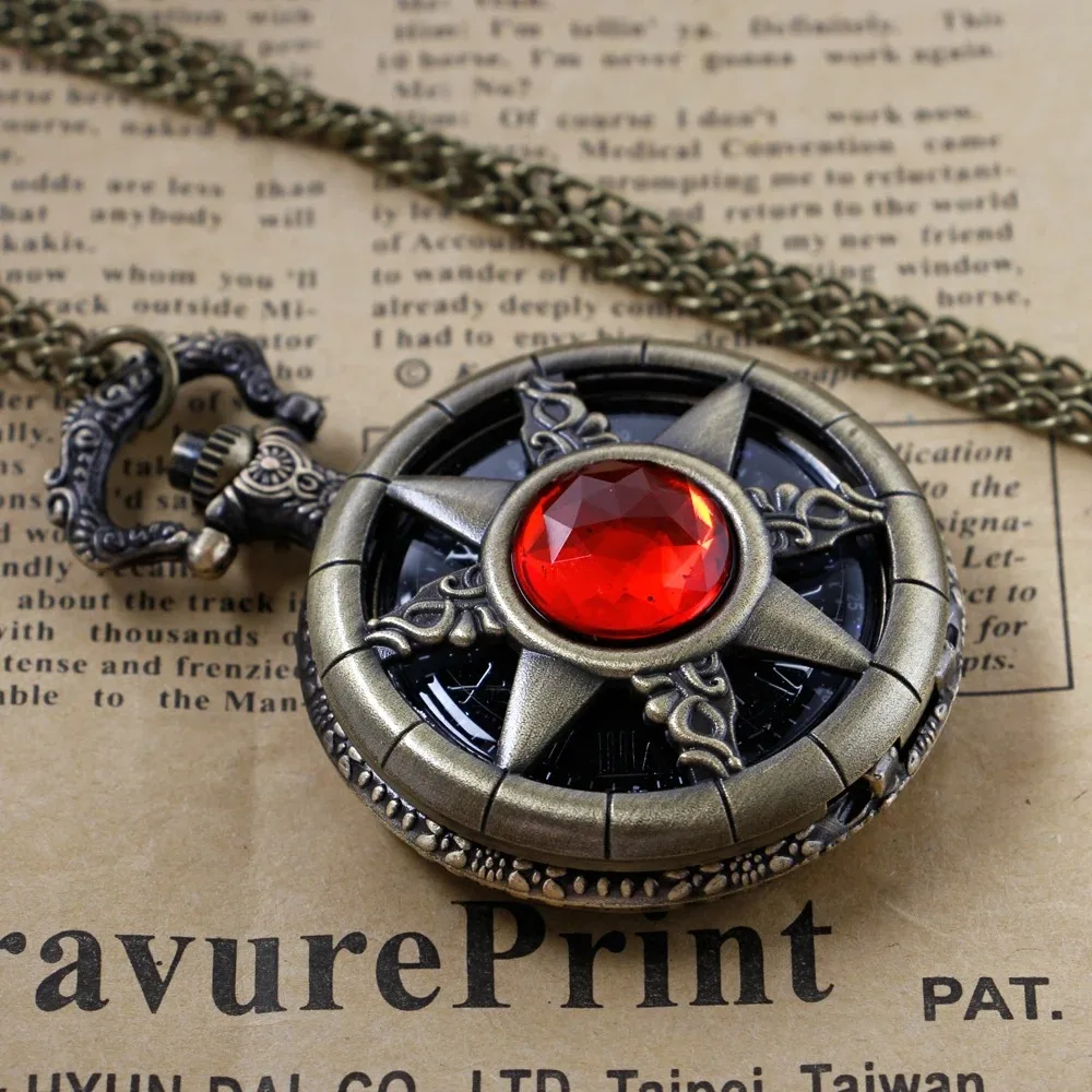 Red Gemstone Inlay Design Quartz Pocket Watch Elegant Retro Women's Necklace Chain Pocket Watch Gifts for Girls Men