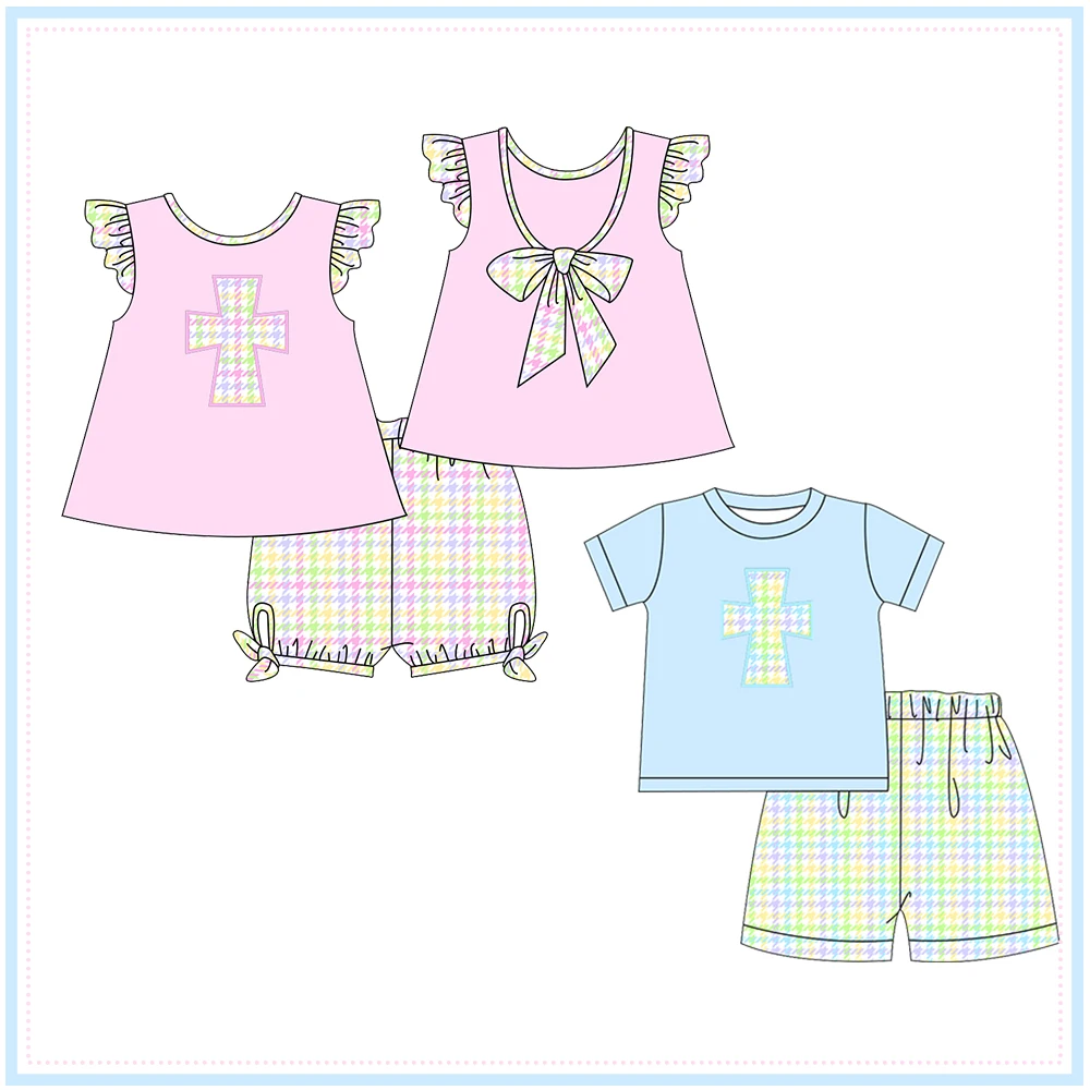 Easter Boutique Short Sleeve T-shirt Round Neck Cross Applique Girl Pink Romper Boy Blue Top Clothes And Pleated Cute Pants