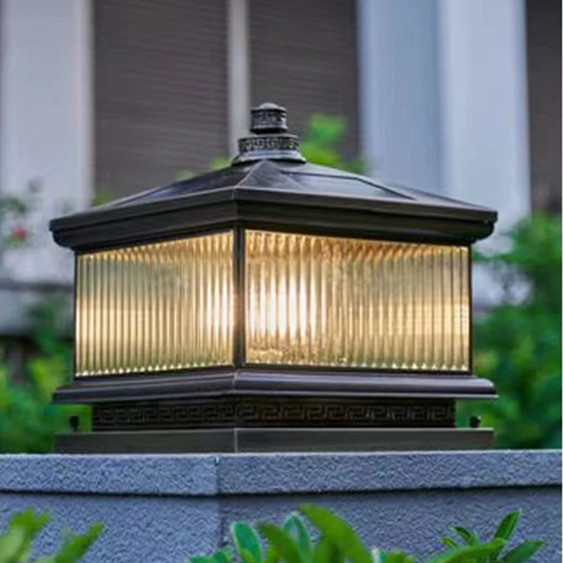 OUFULA Outdoor Solar Post Lamp Vintage Creative Chinese Brass  Pillar Light LED Waterproof IP65 for Home Villa Courtyard