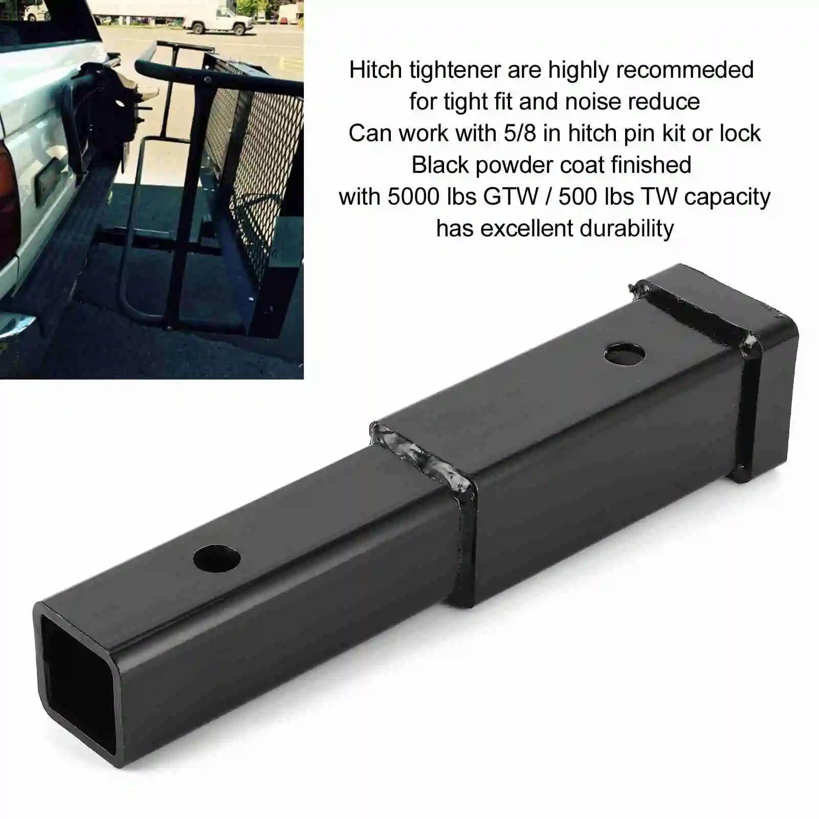 12in Trailer Hitch Extension 5000lbs Towing Extender Steel Square Tube for Class 3/4 2in Receiver