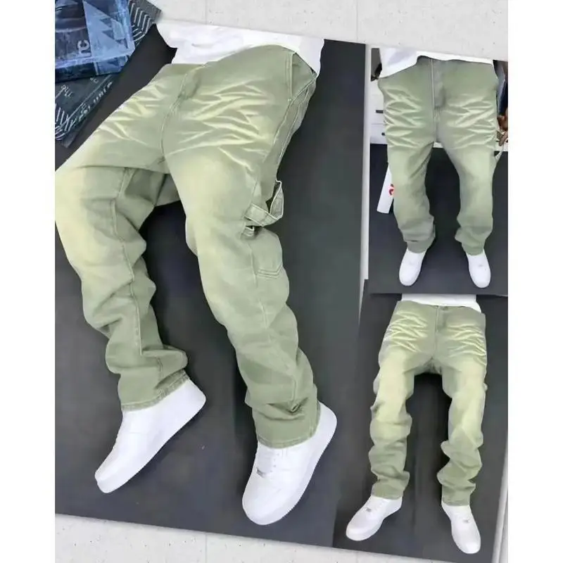 2025 Vintage Men's Distressed Bell Bottom Jeans Clean Style Straight Leg Casual Pants Korean Version Unisex Other Material