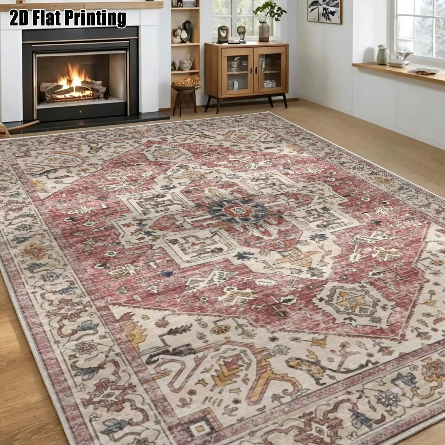 1Pc 2D Printed Retro Red-Brown Geometric Velvet Carpet, Machine Washable, Multi-Size for Home Decor & Multi-Scene Use