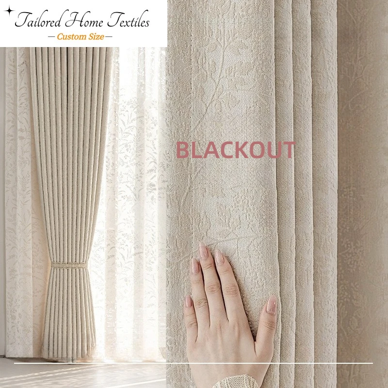 Embossed Moon Branch Shadow Jacquard Chenille French Blackout Bedroom Living Room Curtain Customization Elegant Fabric European