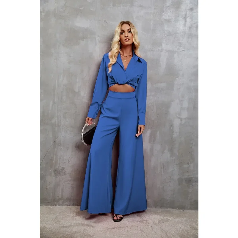 New Arrivals Sense  Design 2024 Autumn Winter New Women's Clothing Solid Color Long Wide-Leg Pants Lapel Long Sleeve Top Two