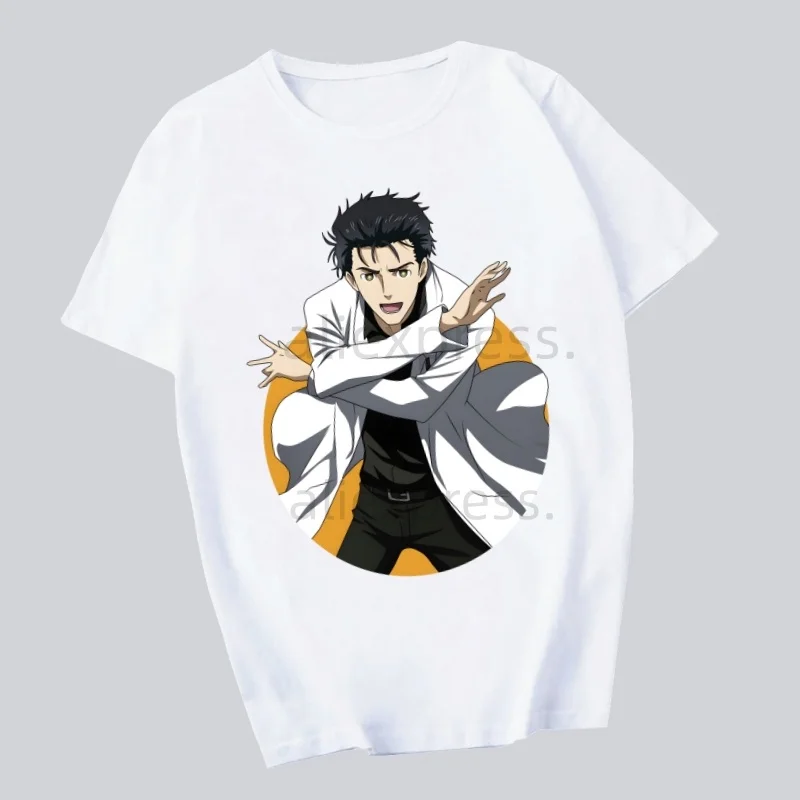ستينز بوابة أنيمي Okabe Rintarou Makise Kurisu أحدث صيحات الموضة الرجال التي شيرت الصيف موضة تي شيرت عادية الأبيض مضحك الكرتون طباعة