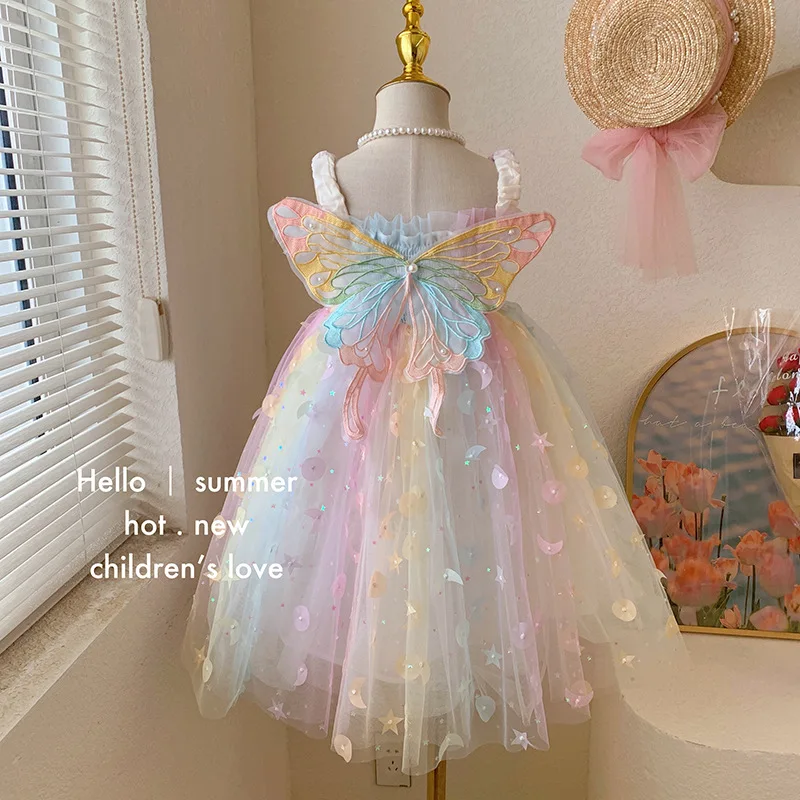 Girls\' Dress2024Summer New Children\'s Dream Elf Butterfly Rainbow Dress Baby Tank Tops Princess Dress