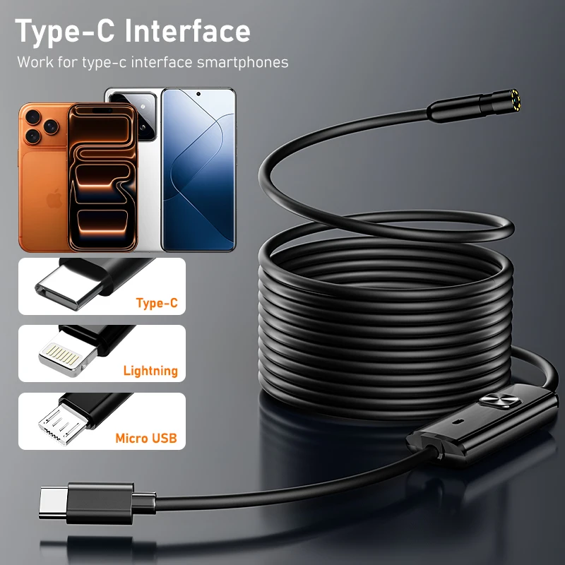 TYPE-C Endoscope Camera HD1080P Video Waterproof Probe LEDs 3in1 USB-C Lightning Car Inspection Borescope for IPhone Android