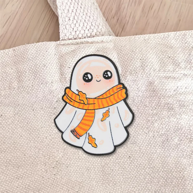 Cute Ghost With Autumn Scarf Enamel Badge Fall Maple Leaf Ghost Lapel Pin Halloween Decorative Jewelry Gift