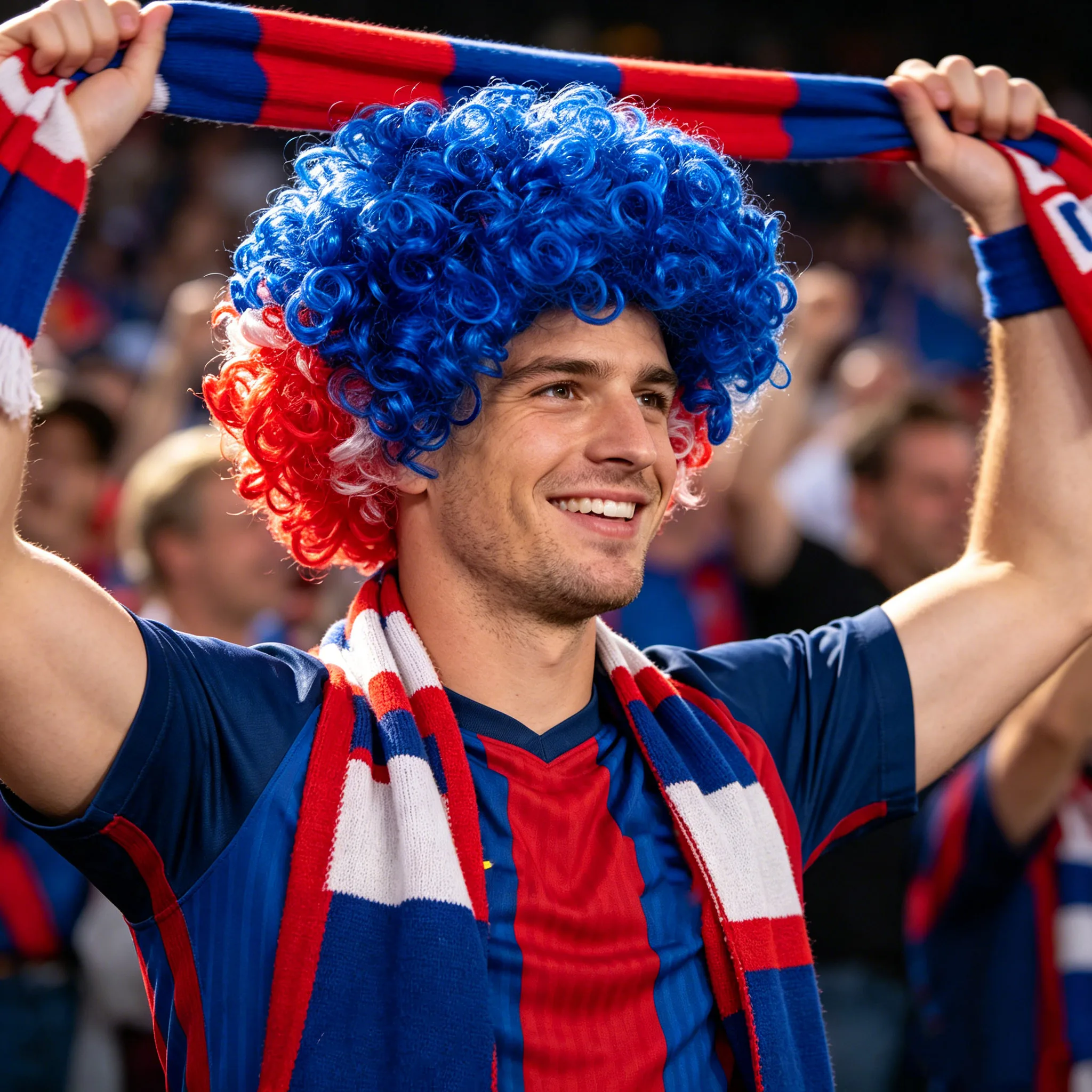 Peluca con diseño de la bandera estadounidense, peluca tricolor roja, blanca y azul, peluca moderna para fanáticos europeos y americanos, cabello sintético para hombre, estilo moderno para fiestas/estadios/eventos diarios