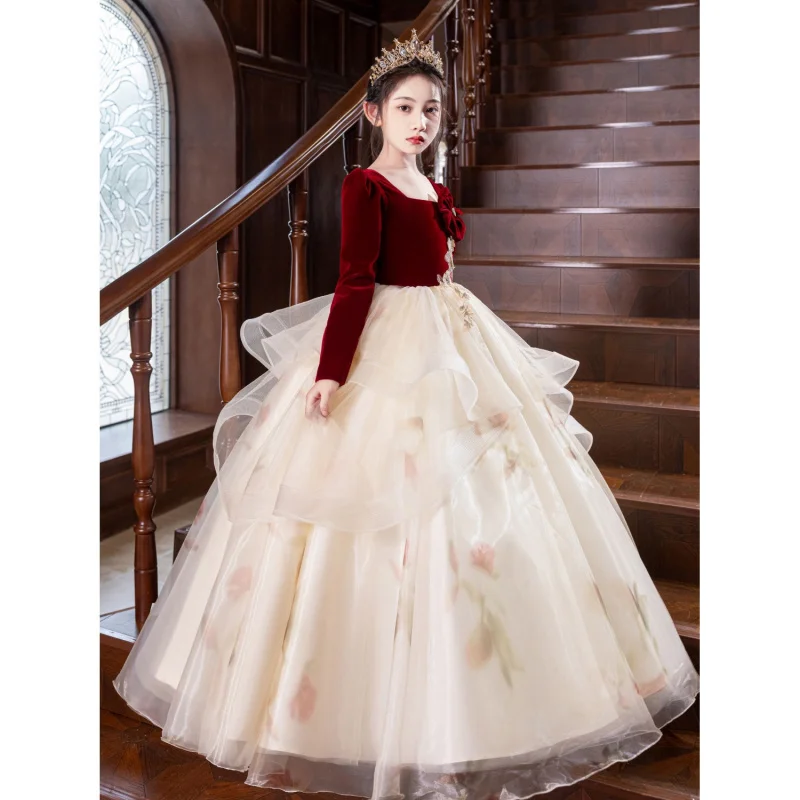 

Red Girl's Dress High-End Light Luxury Niche Autumn Winter Children's Piano Performance Host Birthday Princess Dress Stylish