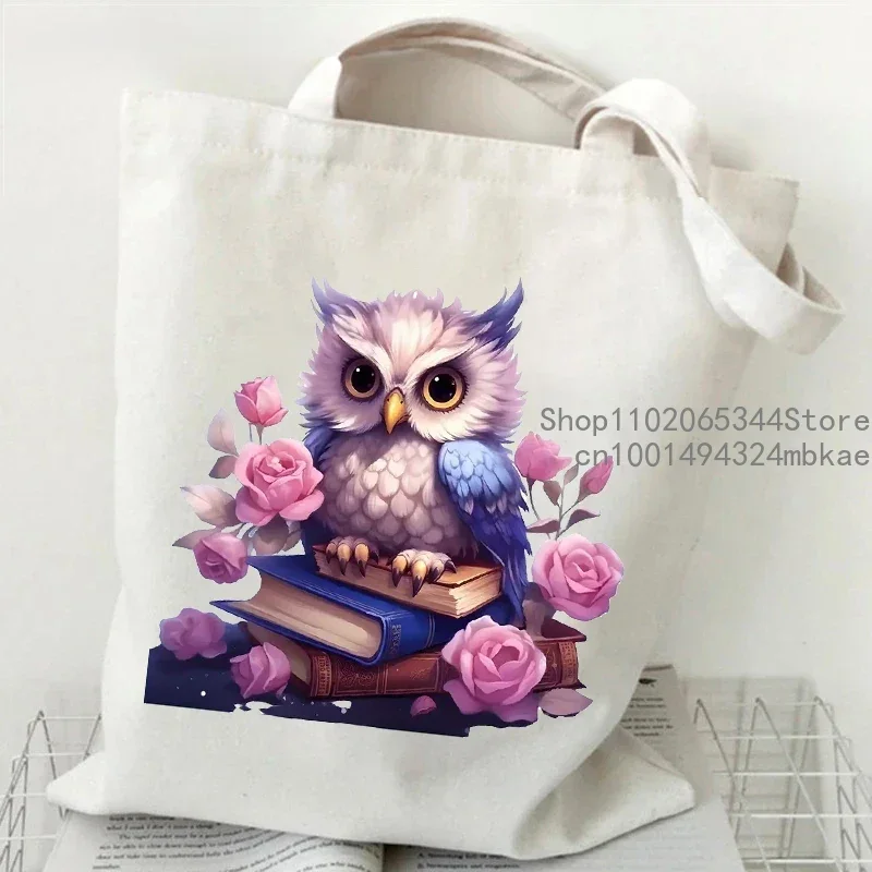 Cute Flower Owl Casual Tote Bag Women Watercolor Animal Shopping Bag Teen Cartoon Animal Shoulder Commuter Bags Female Handbag