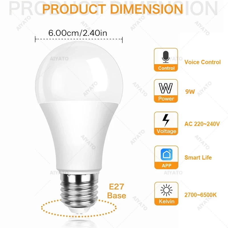 Smart Life APP WiFi E27 Bulbs 2700-6500K Cool White Warm White Neutral Llight 220V  Dimmable Alexa Google Home Voice Control