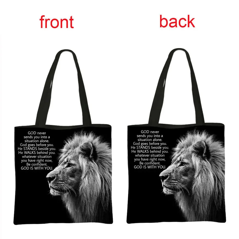 Lion Tiger Printing Handbag Women Shoulder Bags For Travel Bible Verse Be Strong and Courageous Shopping Bag Casual Totes Bags