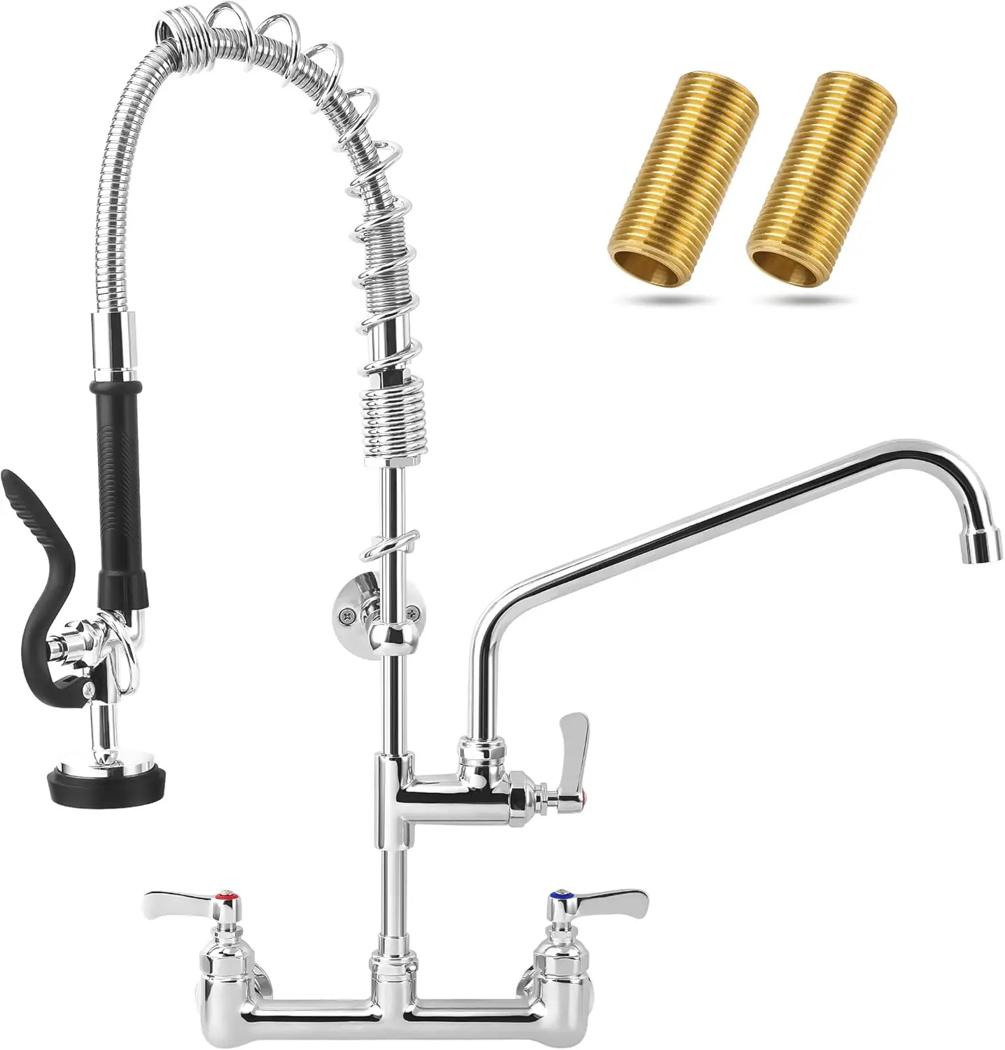 

Commercial Sink Faucet - 25" Height Wall Mount With Pre-Rinse Sprayer - 8" Adjustable Center and 12" Add-on Swing Spout, Kitchen