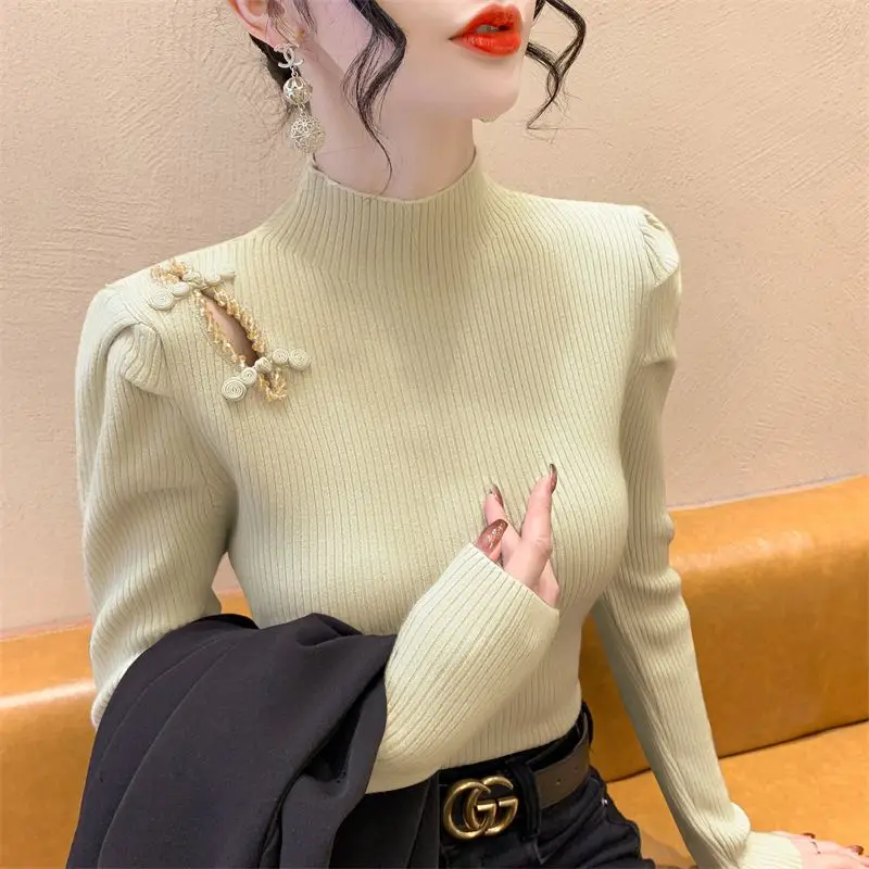 Crystal Knot Button Knitted Sweater New Autumn Winter Elasticity Slim Turtleneck Sweater Long Sleeve Office Lady Elegant Shirt