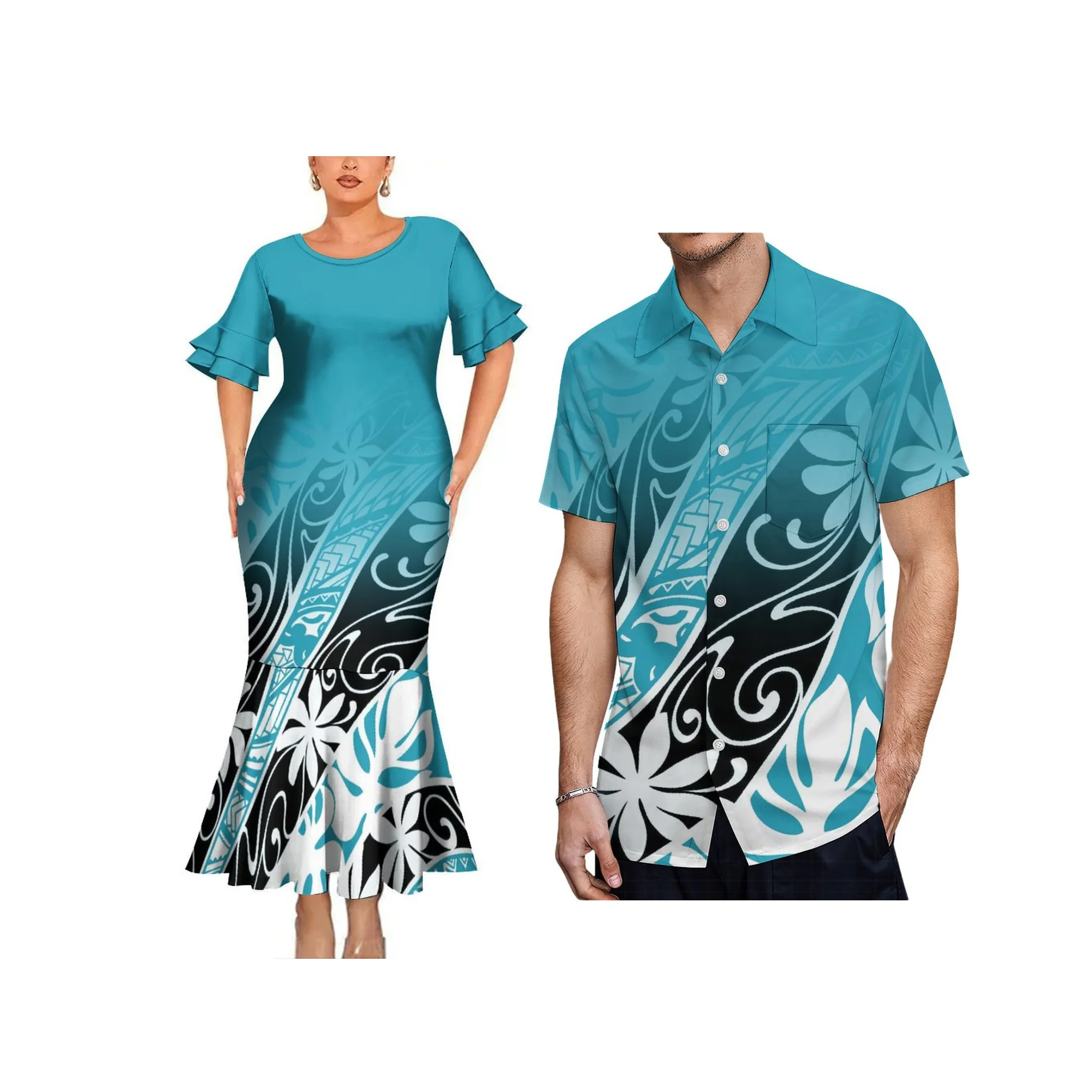 New Design Custom Hawaii Flower Print Lady Layered Ruffle Sleeve Fishtail Prom Dress Match Men Shirts Couples Clothes 2Pcs