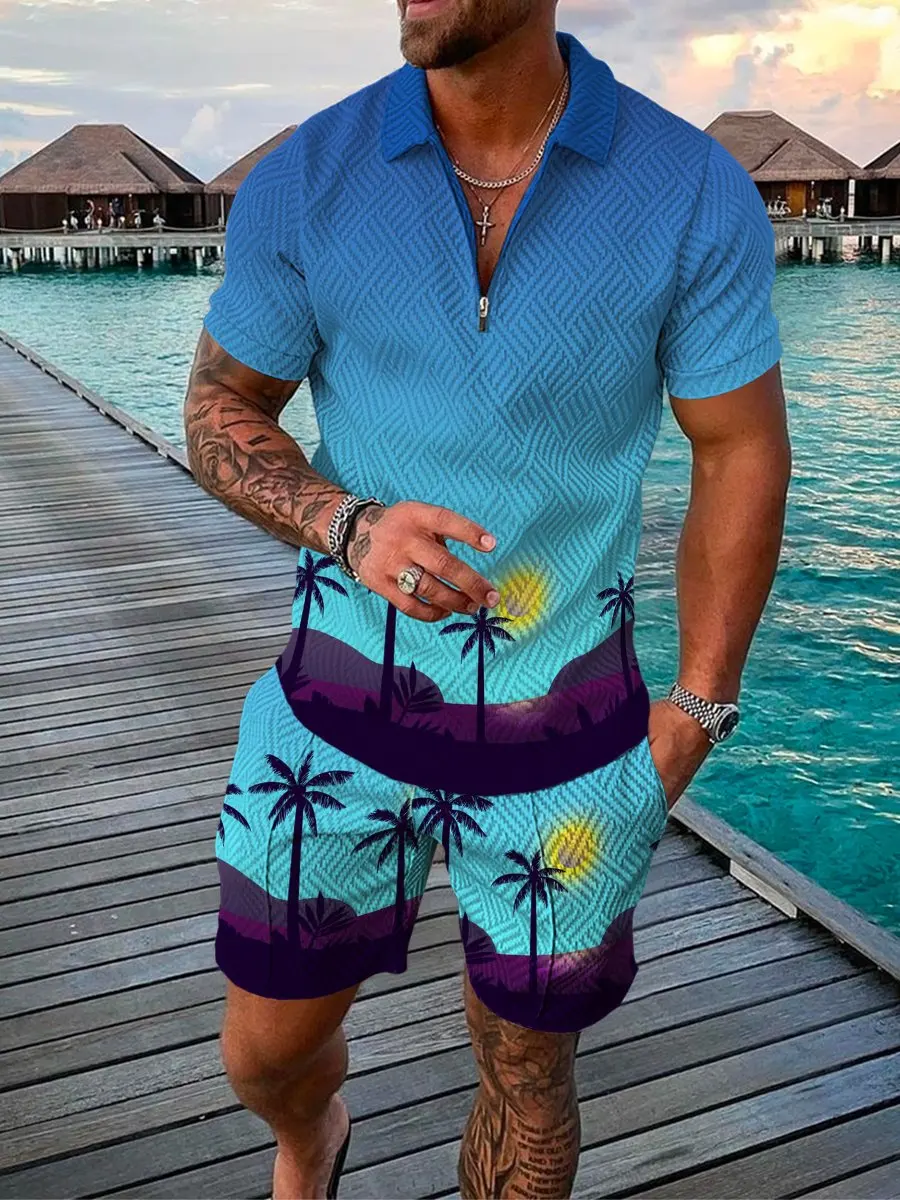 Summer Men Casual Short Set Hawaiian Print Male Shrot Sleeve Polo shirt Suit Cozy European American Trend Oversized Mens Clothes