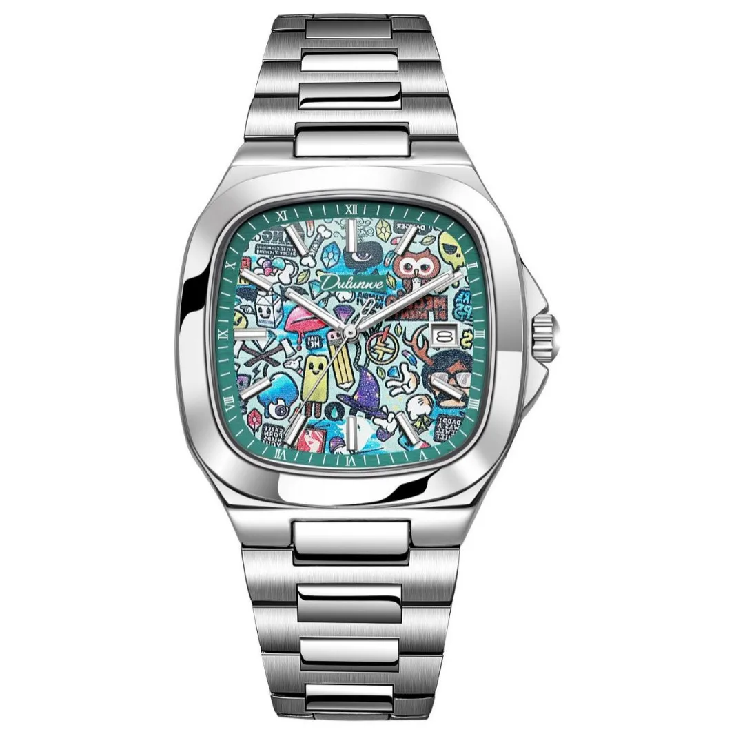 

Dulunwe Square Graffiti Dial Automatic Mechanical Watch Men Fashion Business Stainless Steel Waterproof Luminous Wristwatch
