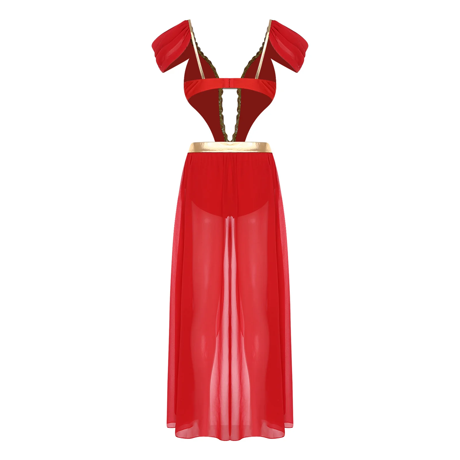 Womens Belly Dance Bodysuit Dress Indian Dance Costume Sequin Tassel Cutout V Neck Open Front Chiffon Hem Built-in Shorts Dress