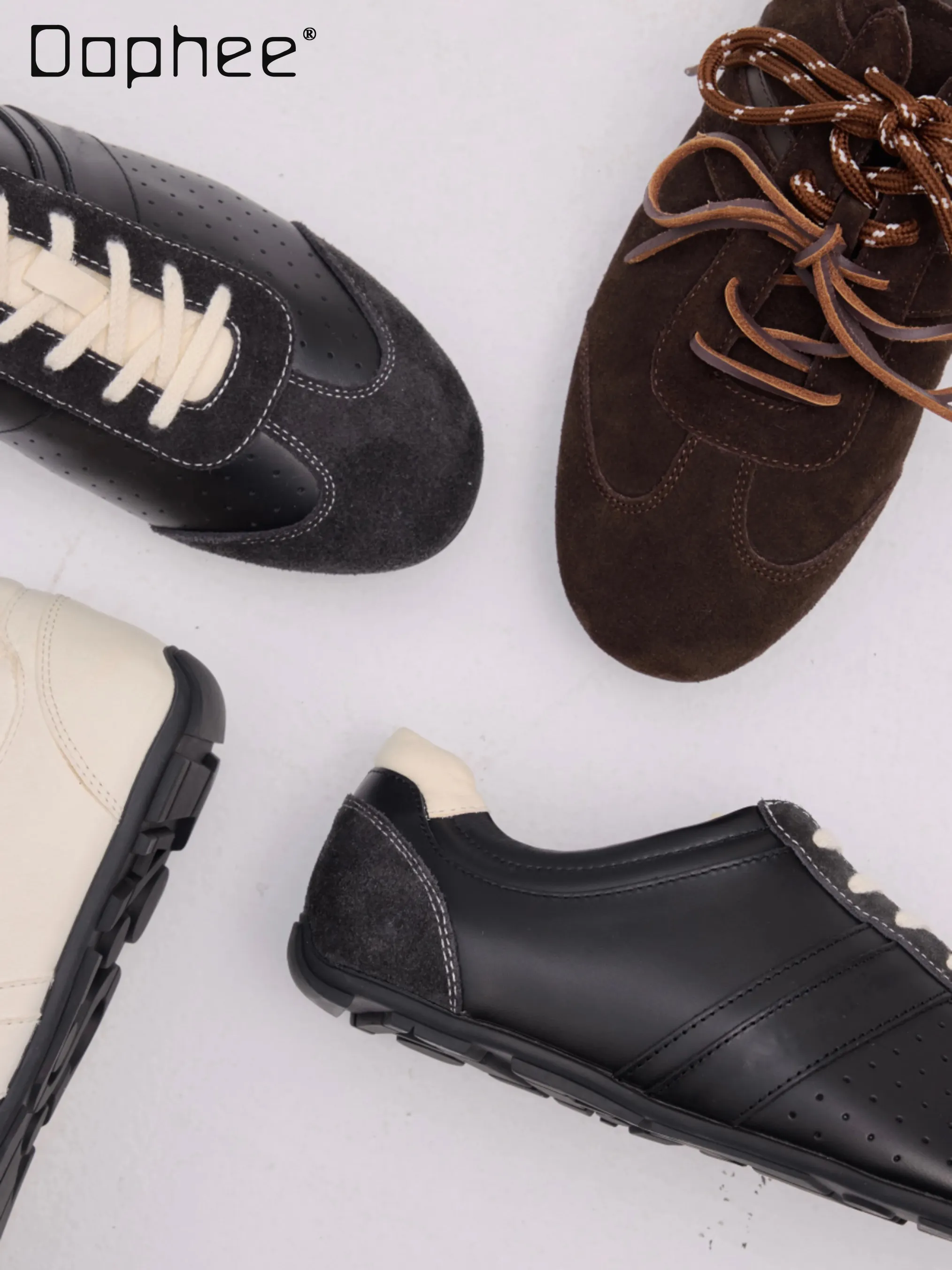 

Spring and Autumn Men's Retro Casual Black Flat Shoes Dark Brown and White Commuter Sneakers Made of Cowhide Suede