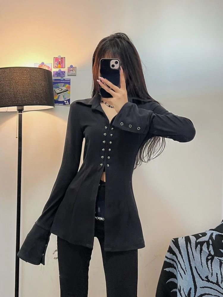 Y2k Aesthetic Women Sexy Blouse Solid Casual Single Breasted Slim Fit Grunge Shirt Harajuku Turn Down Collar Streetwear Blusa