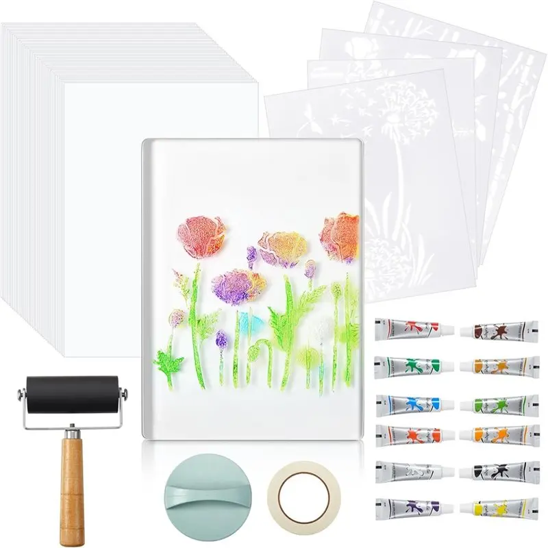 

【CHRISTMAS 】Complete Monoprinting Set With Brayer, Acrylic Paint, Paper And Tools- 12 X 14 Inch Gel Printing Plate Kit For Art C