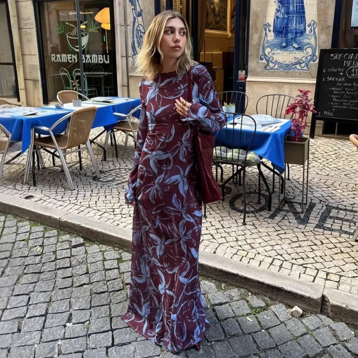 

Summer Floral Print Dress 2026 New Female Clothing Fashion Boat Neck Long Sleeve Slim Fit Long Dress Beach Party Club Dresses