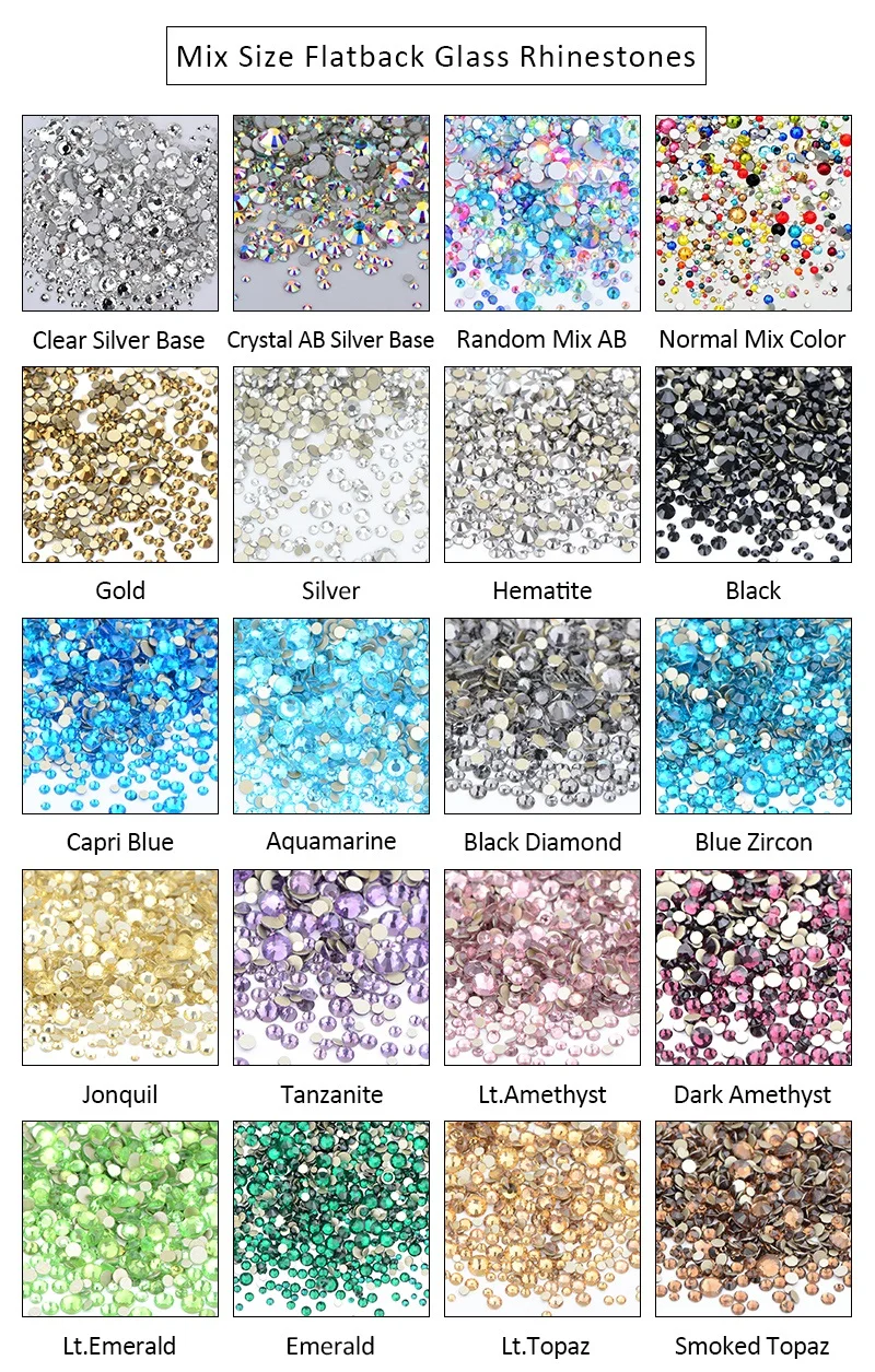 JUNAO 1400 قطعة SS6 8 10 12 16 20 مزيج عشوائي AB مزيج حجم الزجاج الراين حجر كريستال مستدير غير الإصلاح ستراس لمسمار الفن